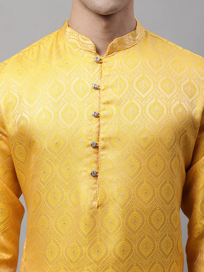 Jompers Men's Ethnic Yellow Woven Design Kurta with Pyjamas - Distacart
