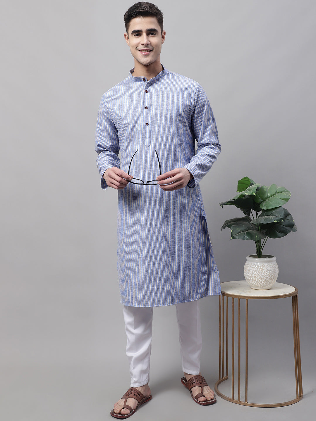 Jompers Men's Blue and White Striped Kurta with Pyjama - Distacart