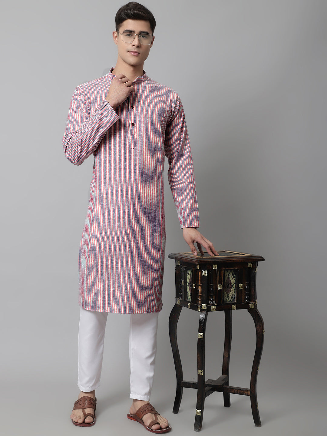 Jompers Men's Coral Red Striped Kurta with Pyjama - Distacart