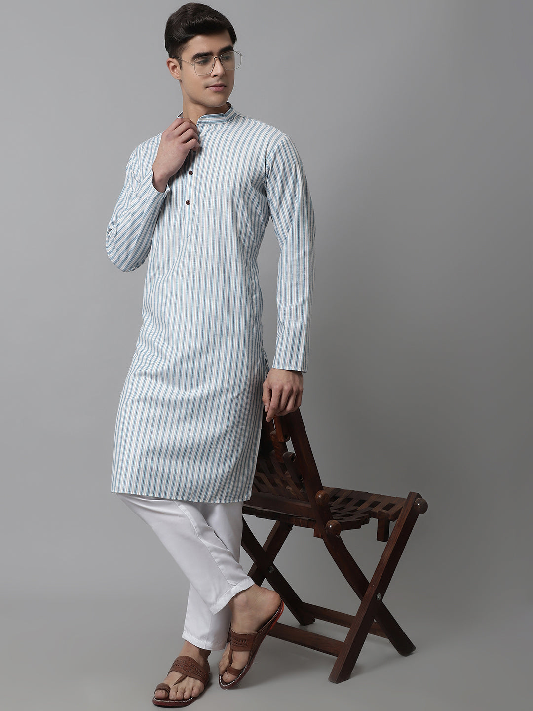 Jompers Men's Sky Blue and White Striped Kurta with Pyjama - Distacart