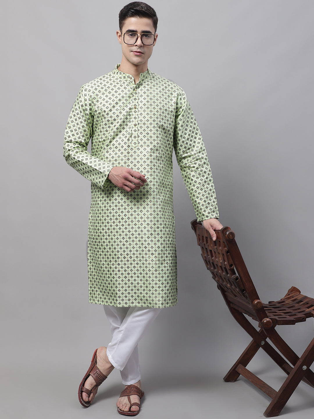Jompers Men's Pista Green Printed Silk Blend Kurta Payjama - Distacart