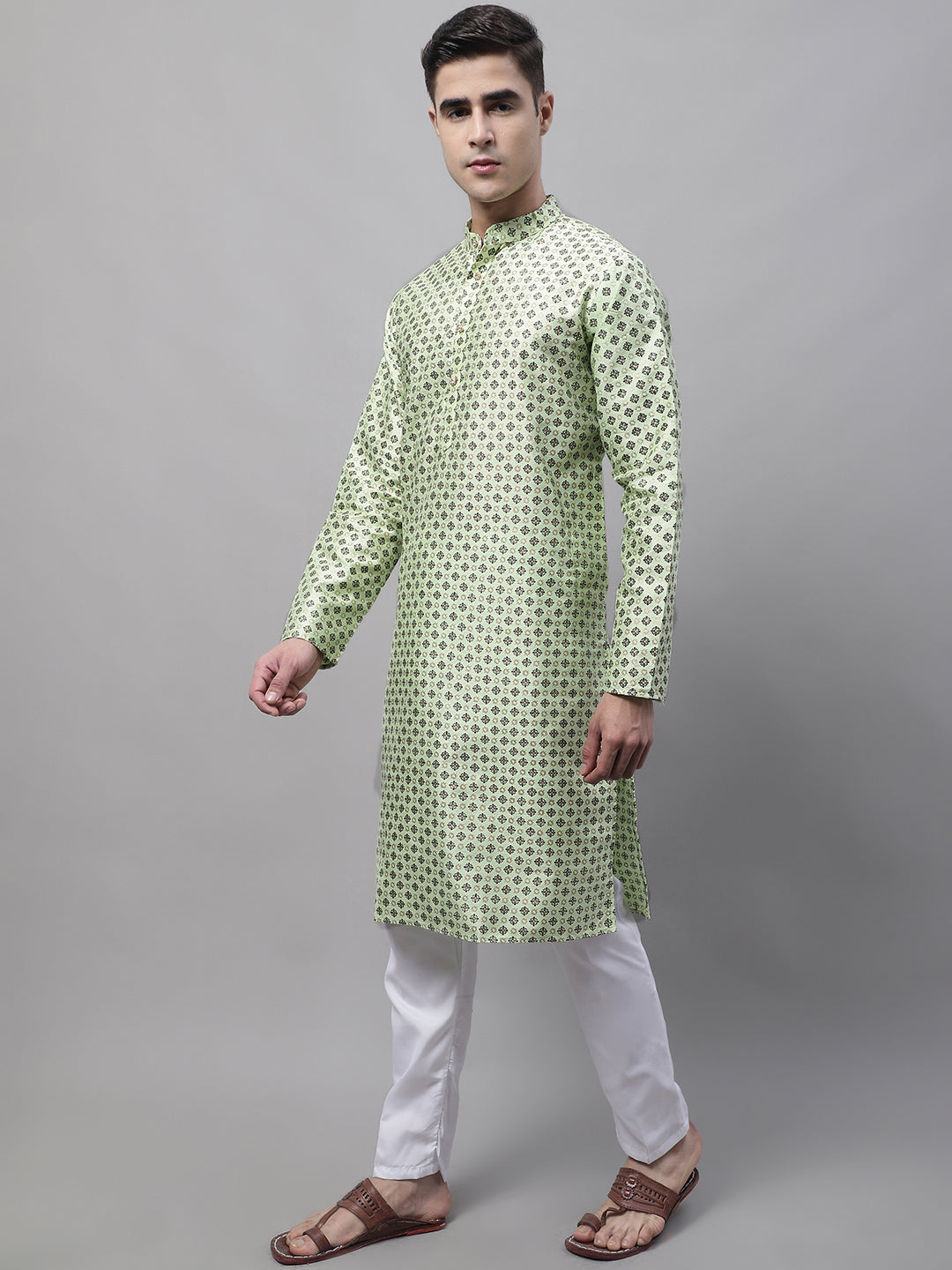Jompers Men's Pista Green Printed Silk Blend Kurta Payjama - Distacart