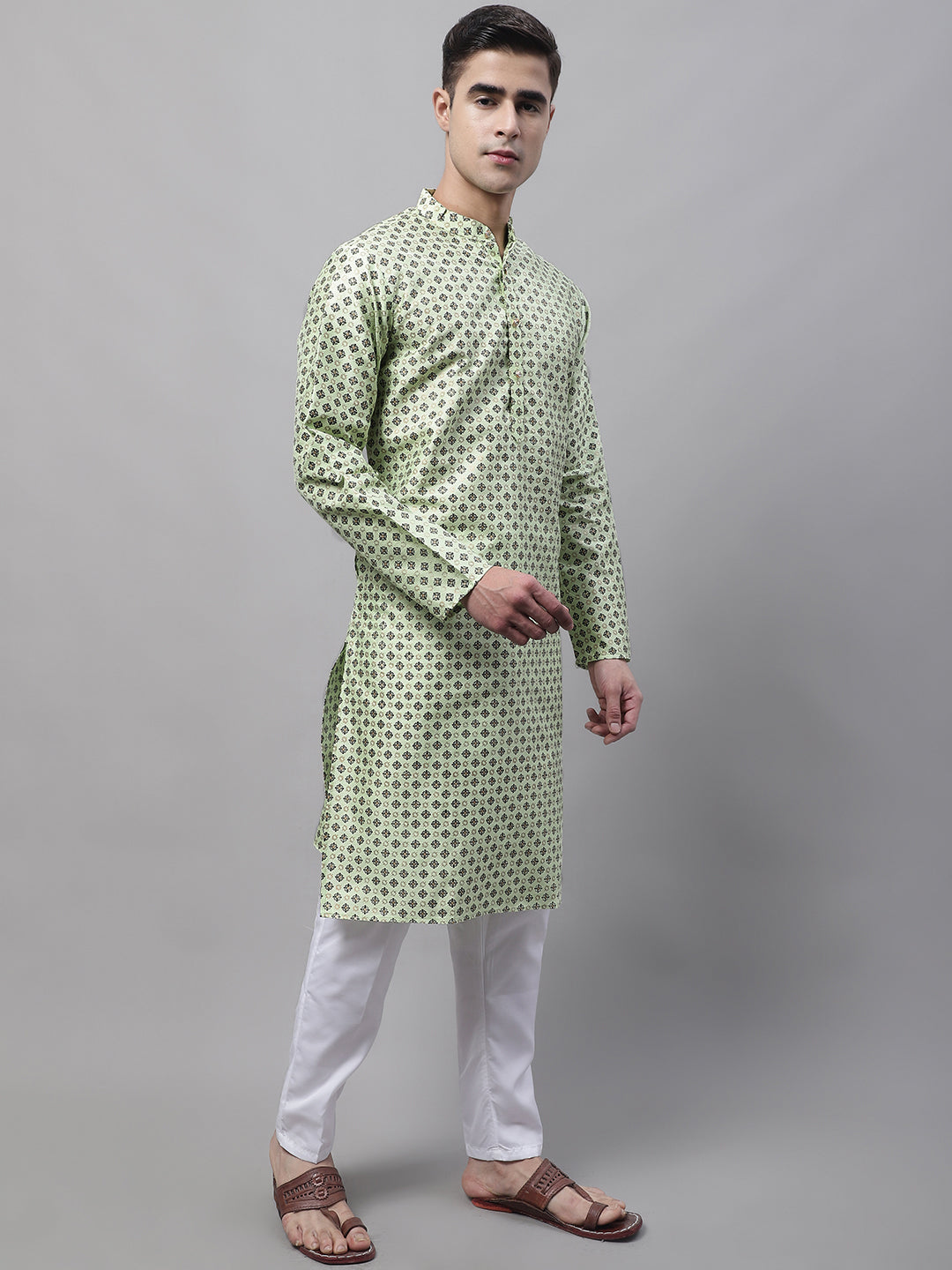 Jompers Men's Pista Green Printed Silk Blend Kurta Payjama - Distacart