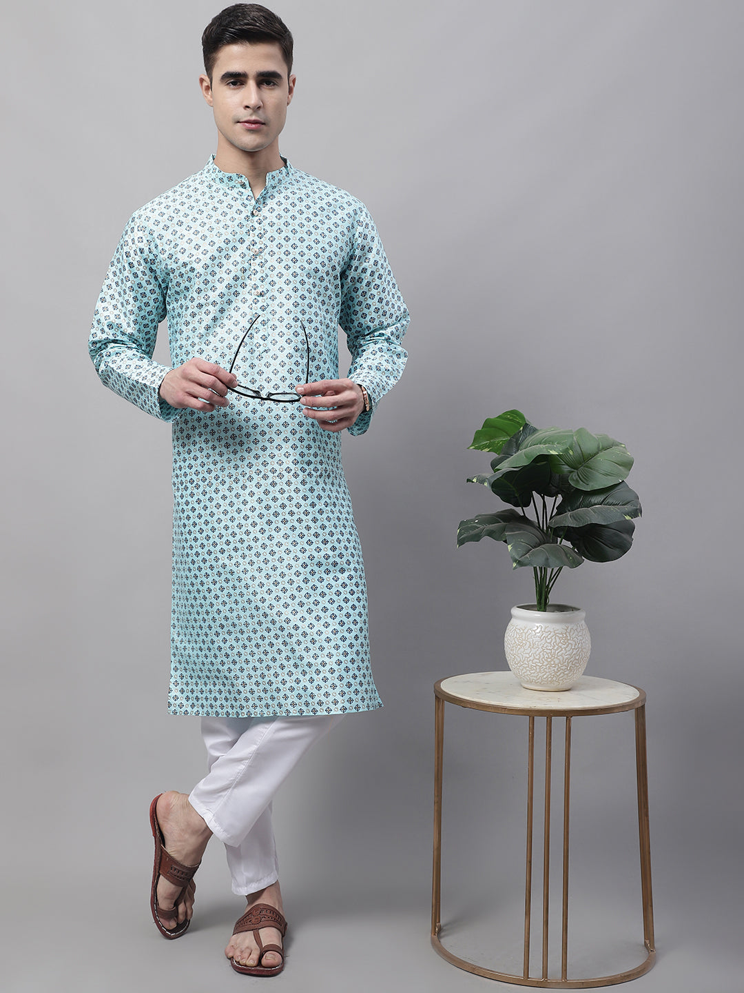 Jompers Men's Sky Blue Printed Silk Blend Kurta Payjama - Distacart