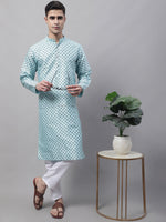 Thumbnail for Jompers Men's Sky Blue Printed Silk Blend Kurta Payjama - Distacart