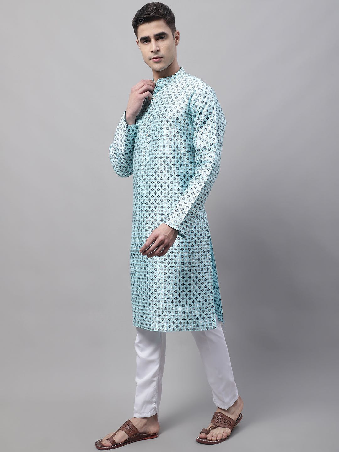 Jompers Men's Sky Blue Printed Silk Blend Kurta Payjama - Distacart