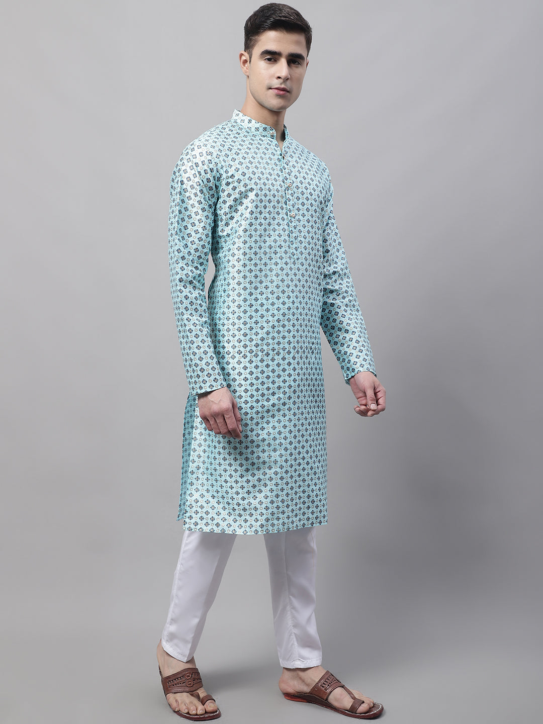 Jompers Men's Sky Blue Printed Silk Blend Kurta Payjama - Distacart