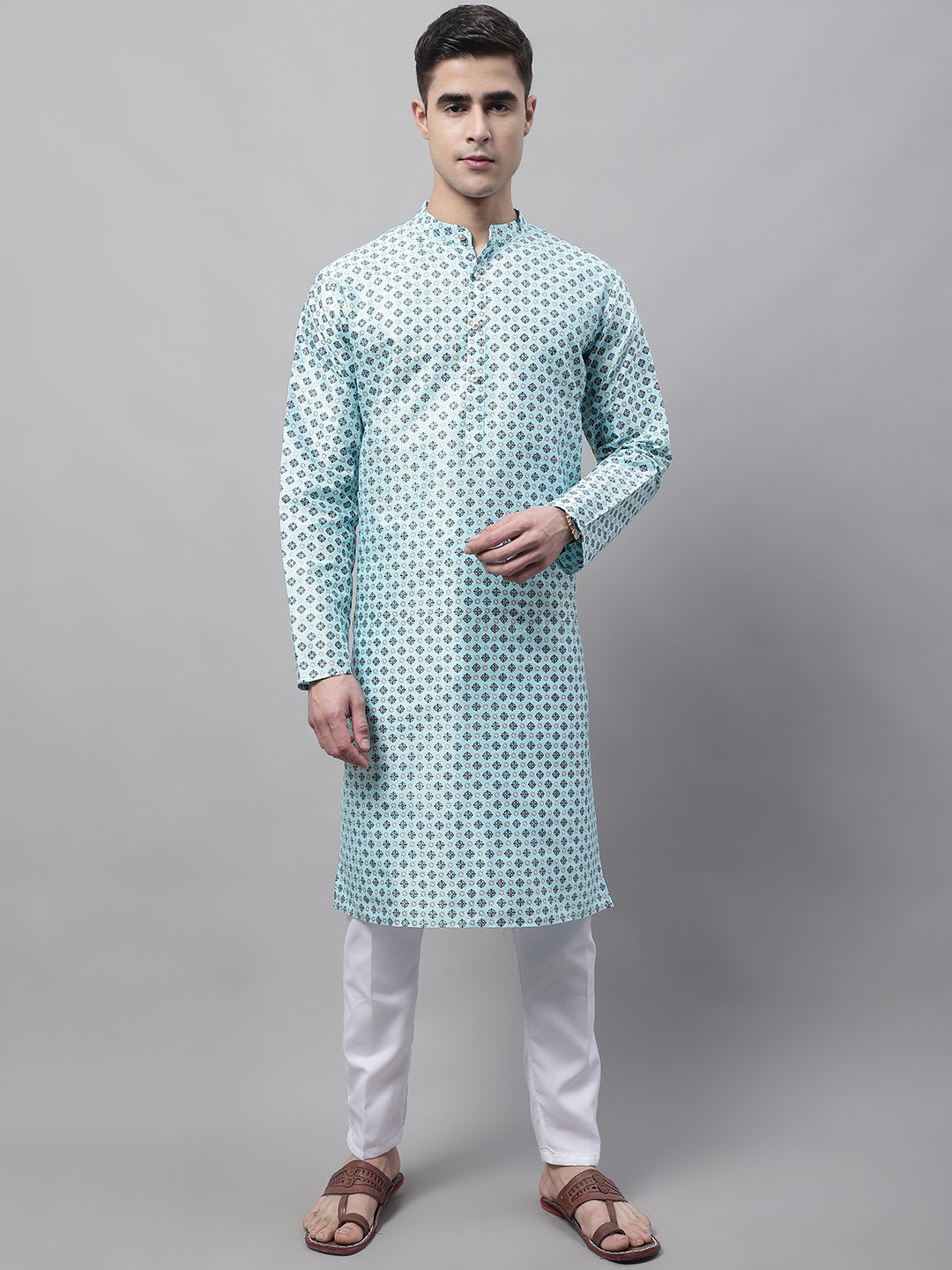 Jompers Men's Sky Blue Printed Silk Blend Kurta Payjama - Distacart