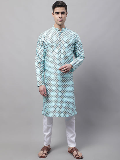 Jompers Men's Sky Blue Printed Silk Blend Kurta Payjama - Distacart