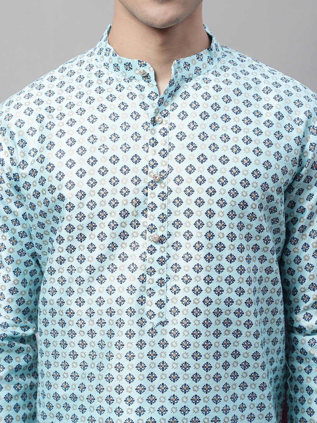 Jompers Men's Sky Blue Printed Silk Blend Kurta Payjama - Distacart