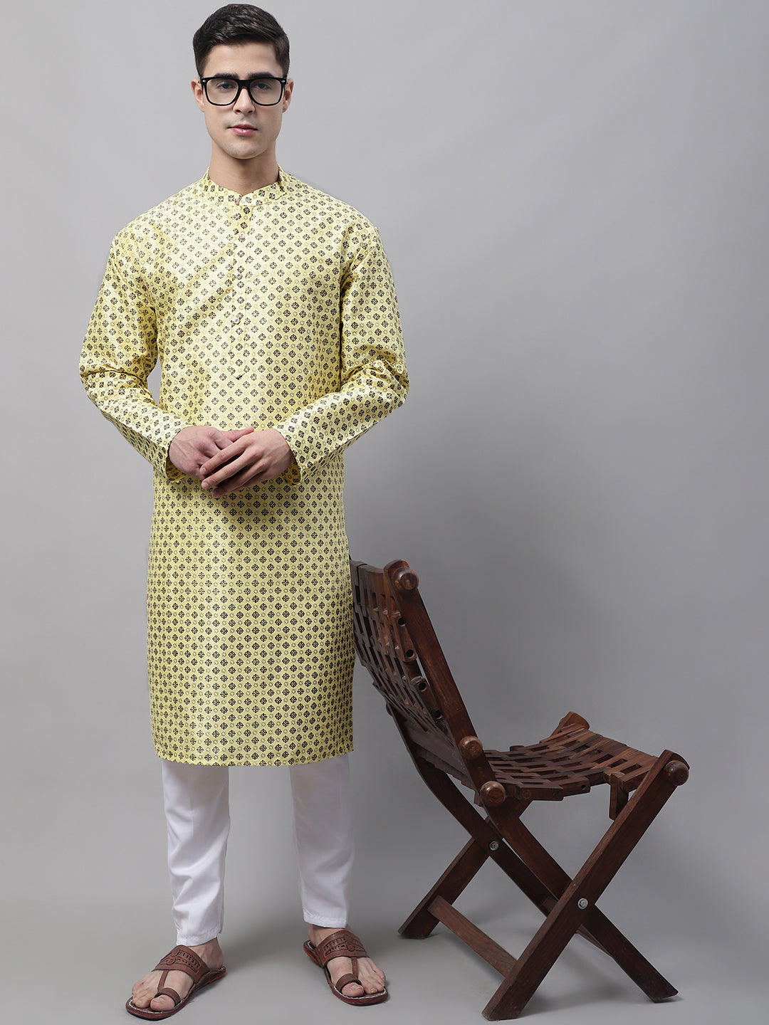 Jompers Men's Yellow Printed Silk Blend Kurta Payjama - Distacart