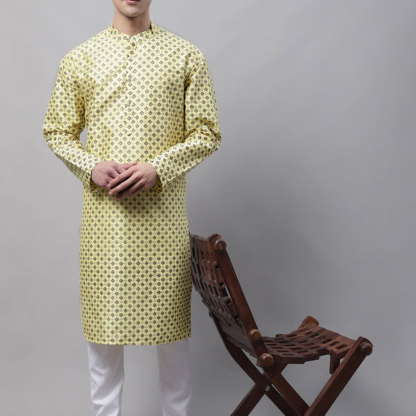 Jompers Men's Yellow Printed Silk Blend Kurta Payjama - Distacart