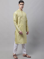 Thumbnail for Jompers Men's Yellow Printed Silk Blend Kurta Payjama - Distacart