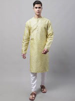 Thumbnail for Jompers Men's Yellow Printed Silk Blend Kurta Payjama - Distacart