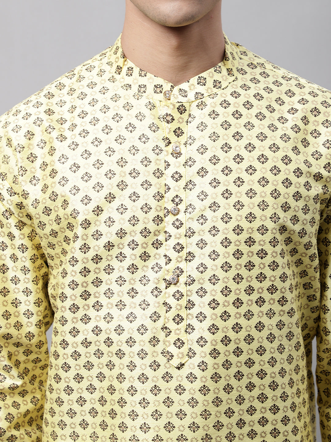 Jompers Men's Yellow Printed Silk Blend Kurta Payjama - Distacart