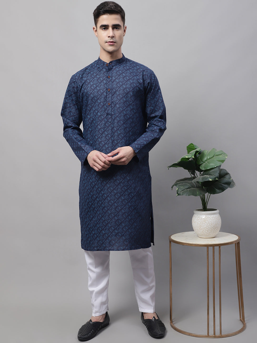Jompers Men's Navy Blue Printed Pure Cotton Kurta Payjama Set - Distacart