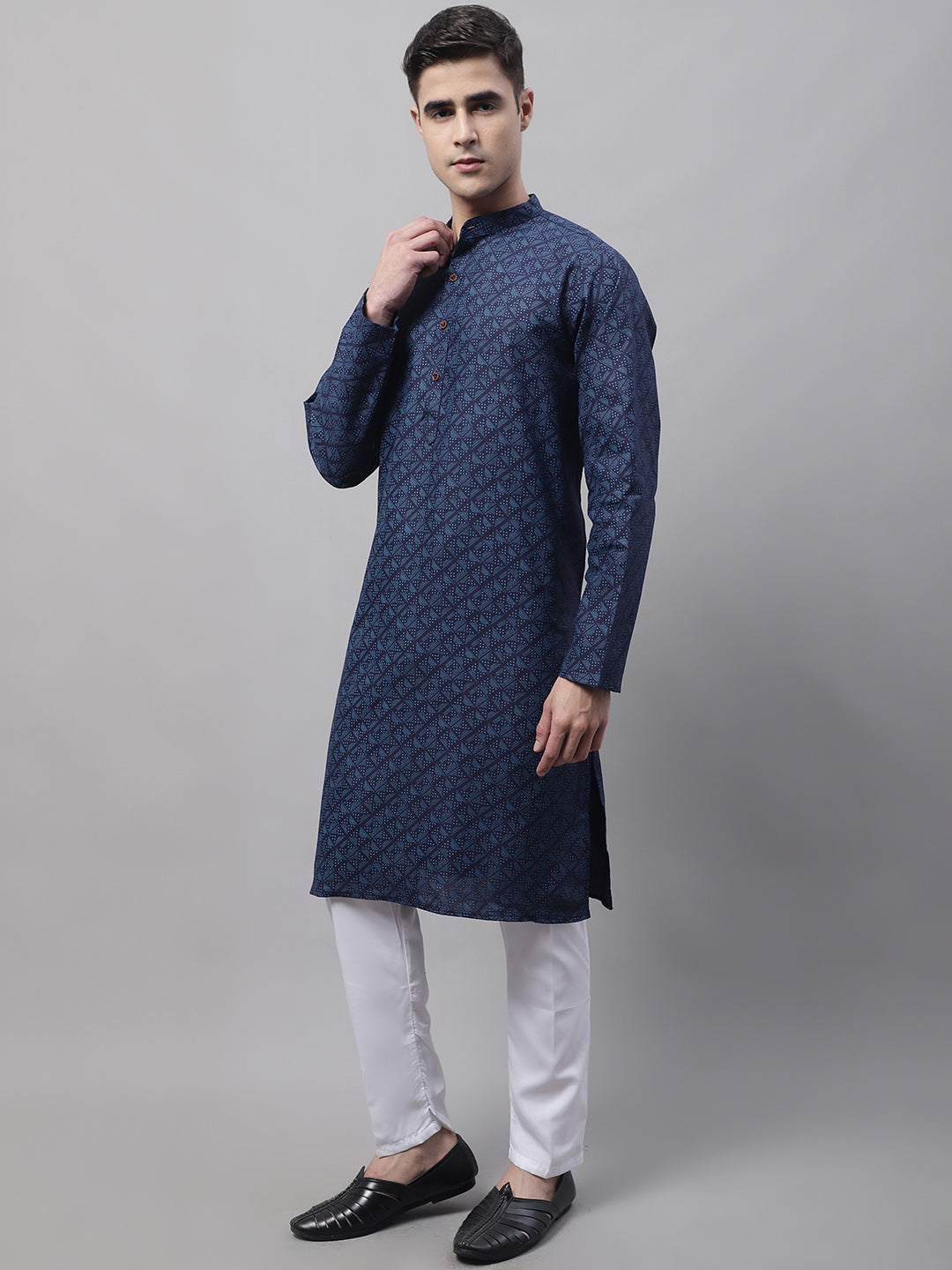 Jompers Men's Navy Blue Printed Pure Cotton Kurta Payjama Set - Distacart