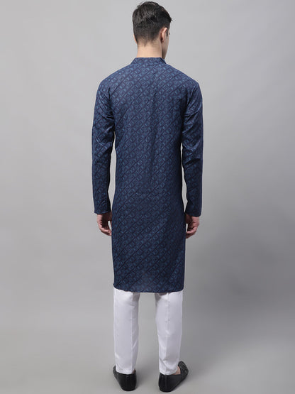 Jompers Men's Navy Blue Printed Pure Cotton Kurta Payjama Set - Distacart