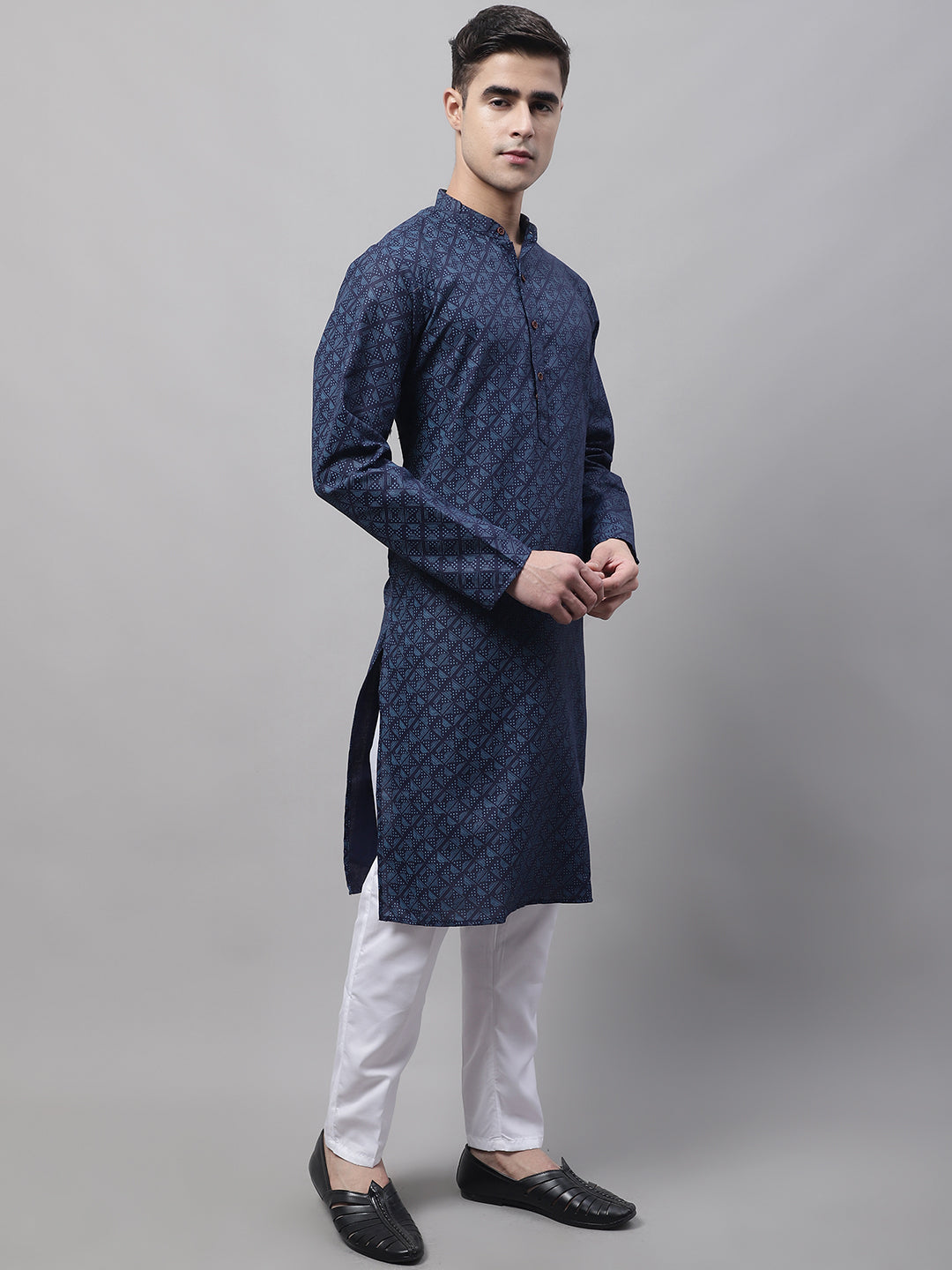 Jompers Men's Navy Blue Printed Pure Cotton Kurta Payjama Set - Distacart