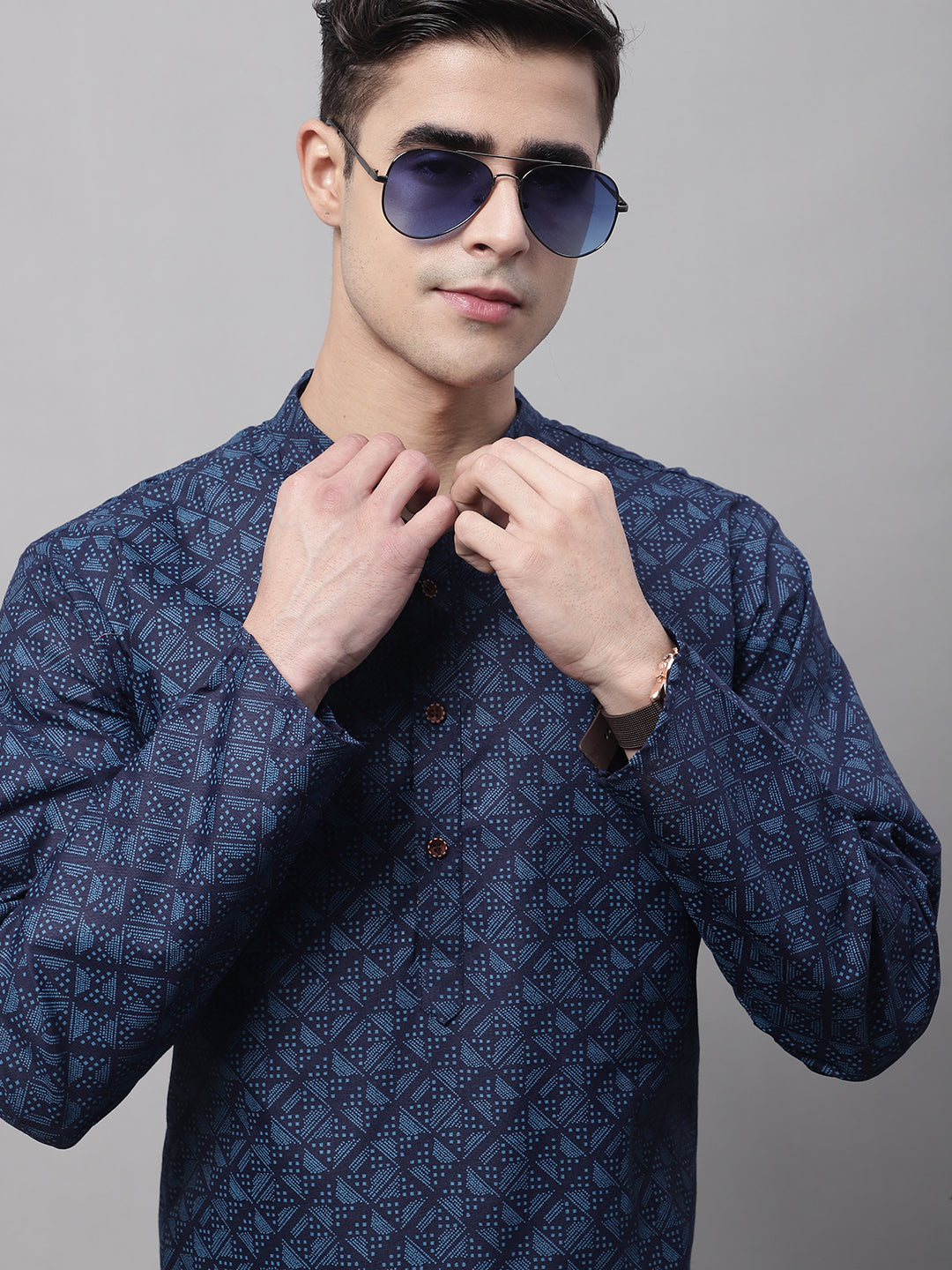 Jompers Men's Navy Blue Printed Pure Cotton Kurta Payjama Set - Distacart