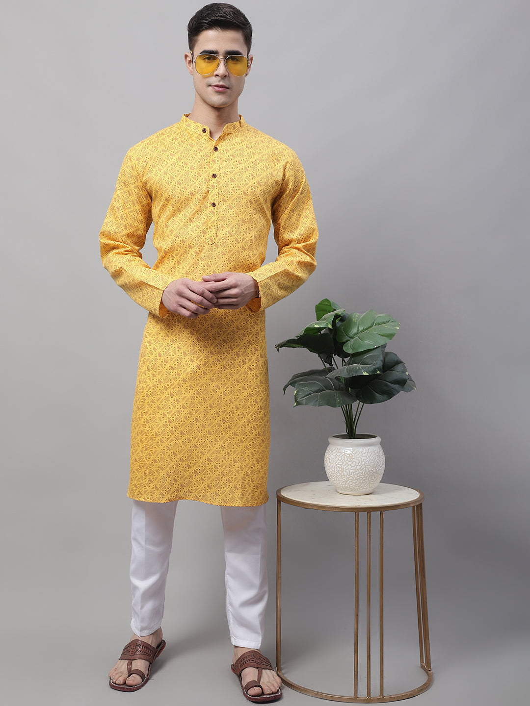 Jompers Men's Yellow Printed Pure Cotton Kurta Payjama Set - Distacart