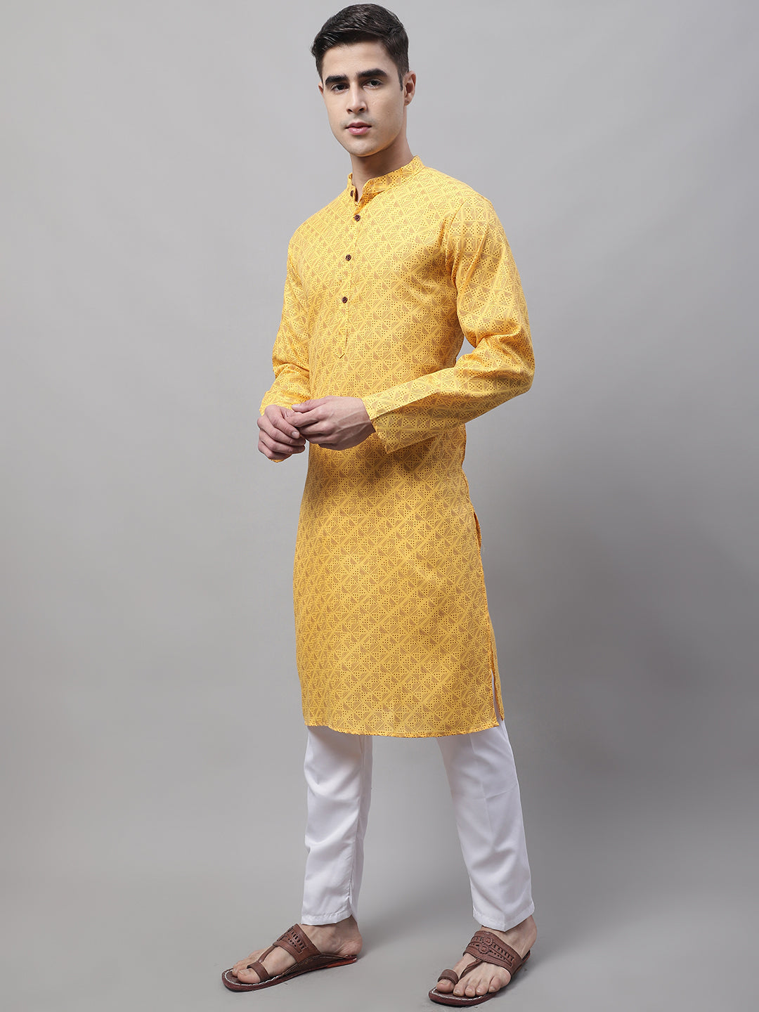 Jompers Men's Yellow Printed Pure Cotton Kurta Payjama Set - Distacart