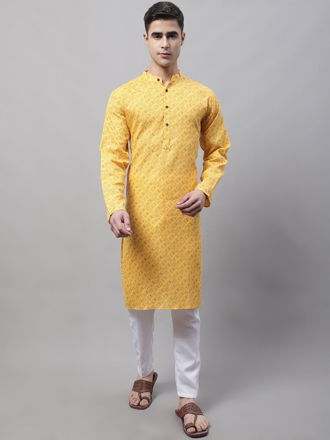 Jompers Men's Yellow Printed Pure Cotton Kurta Payjama Set - Distacart