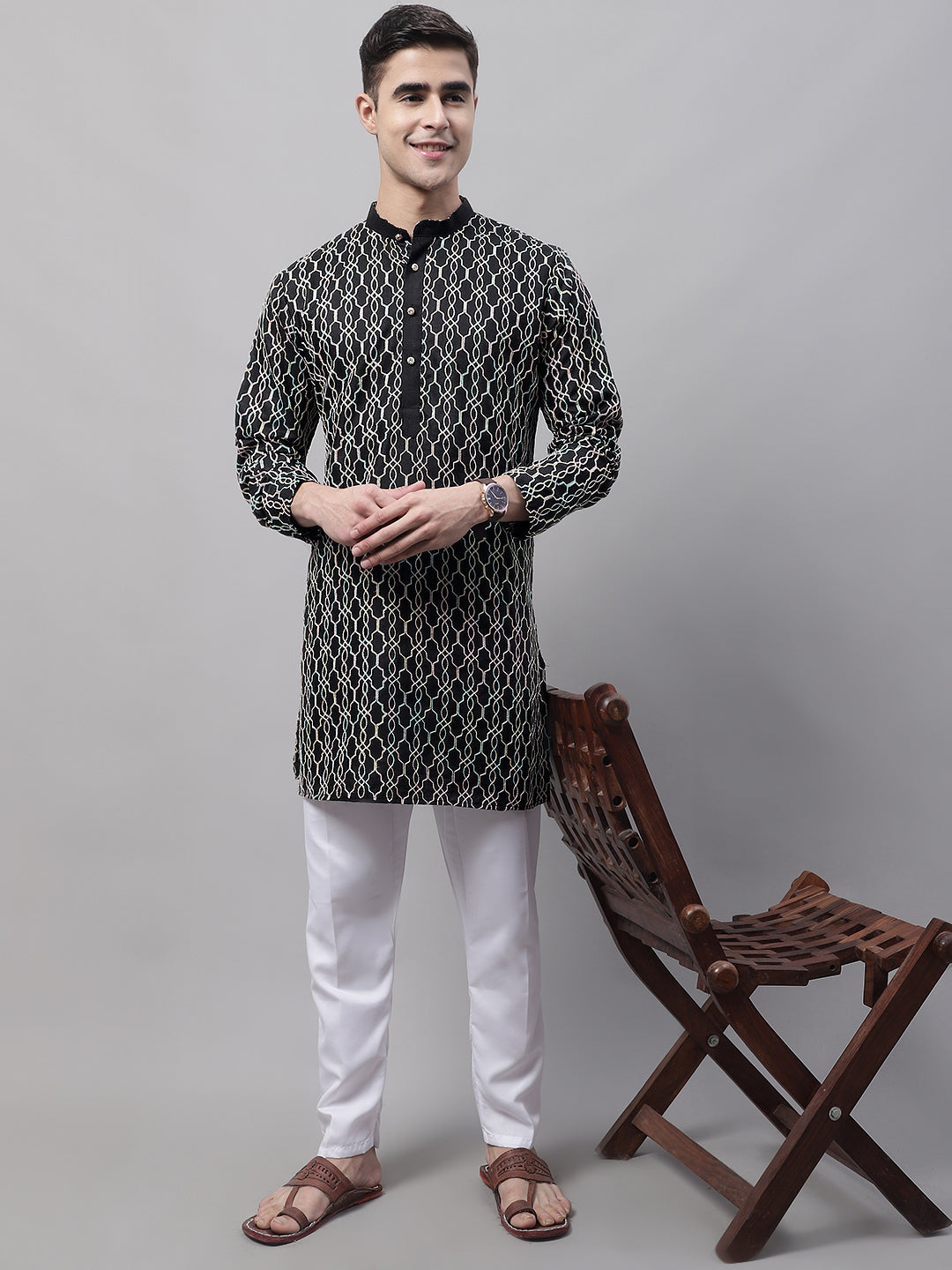 Jompers Men's Black and Multi Coloured Embroidered Straight Kurta Pyjama Set - Distacart