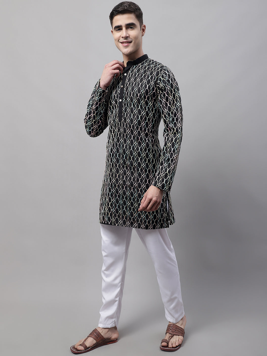 Jompers Men's Black and Multi Coloured Embroidered Straight Kurta Pyjama Set - Distacart