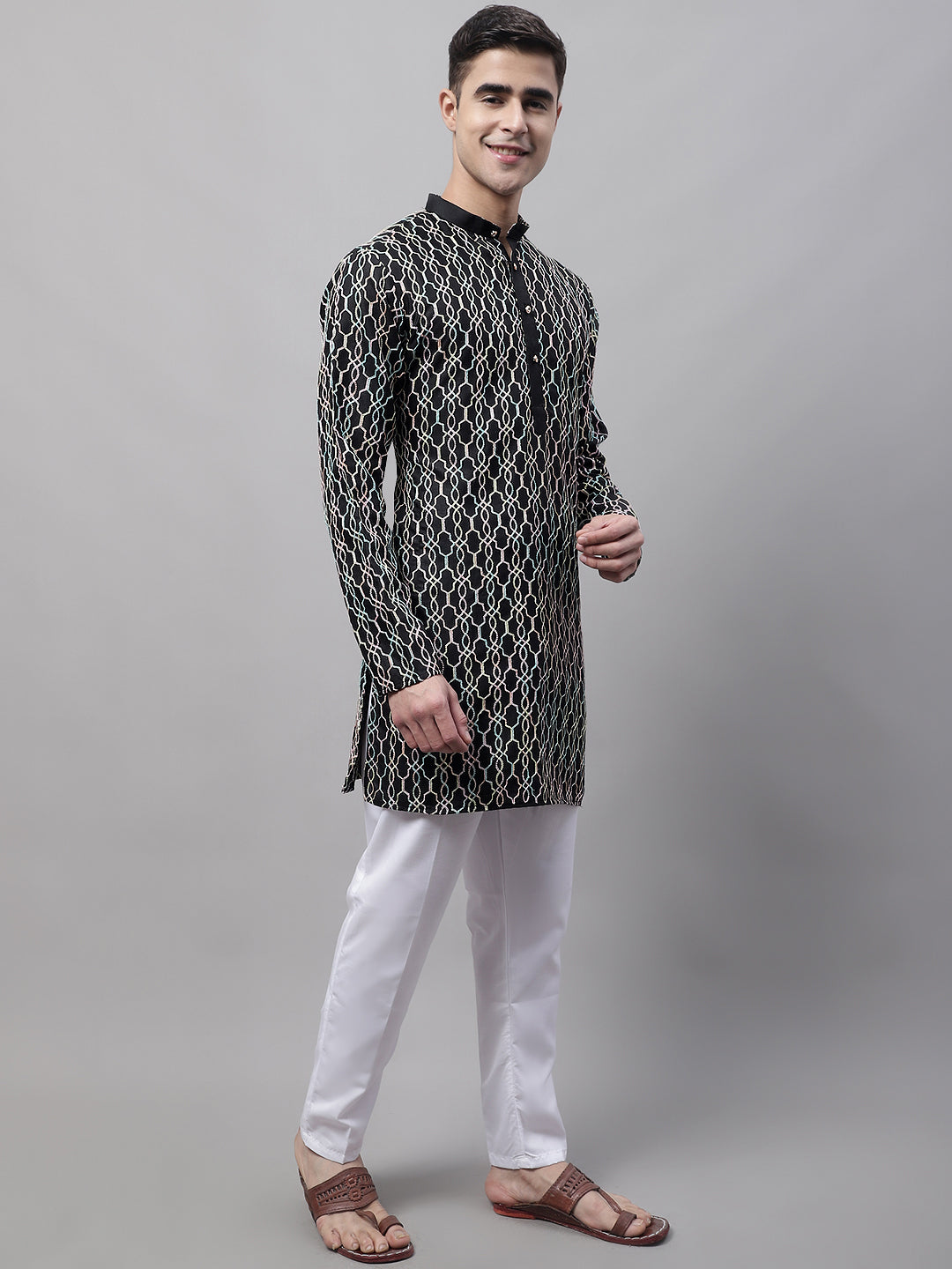 Jompers Men's Black and Multi Coloured Embroidered Straight Kurta Pyjama Set - Distacart