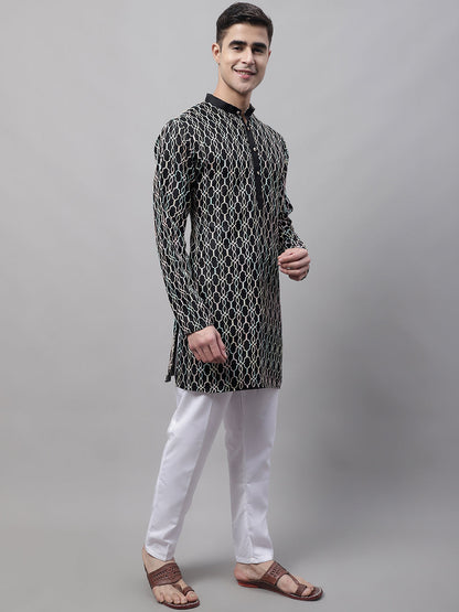 Jompers Men's Black and Multi Coloured Embroidered Straight Kurta Pyjama Set - Distacart