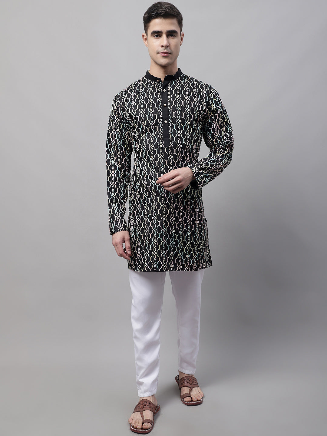 Jompers Men's Black and Multi Coloured Embroidered Straight Kurta Pyjama Set - Distacart