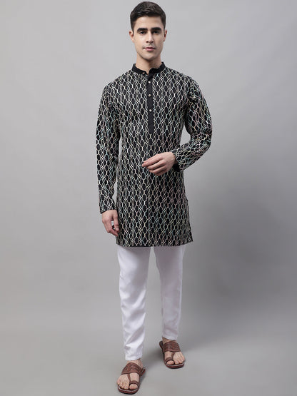 Jompers Men's Black and Multi Coloured Embroidered Straight Kurta Pyjama Set - Distacart