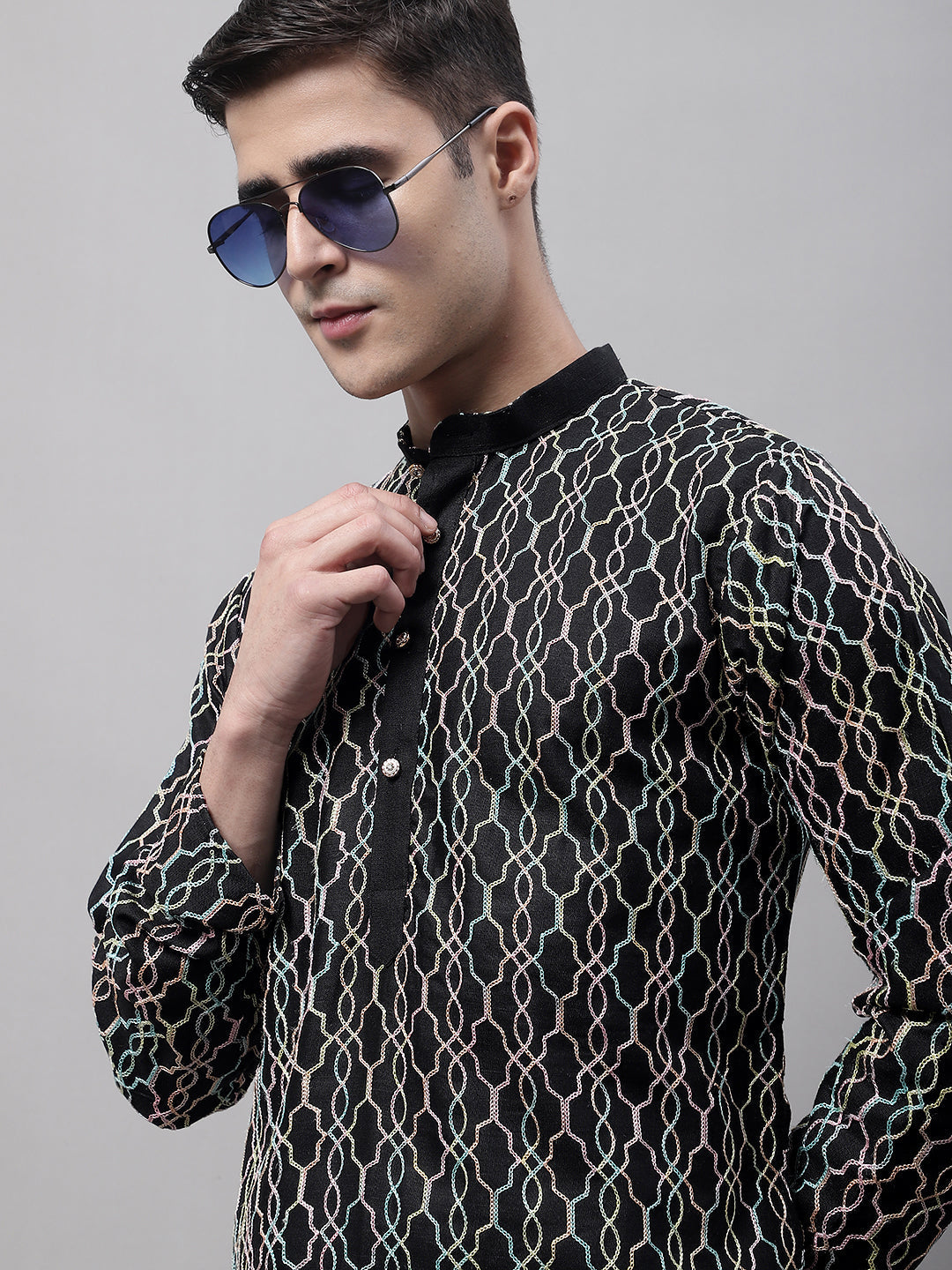Jompers Men's Black and Multi Coloured Embroidered Straight Kurta Pyjama Set - Distacart