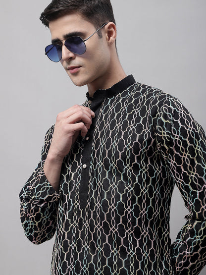 Jompers Men's Black and Multi Coloured Embroidered Straight Kurta Pyjama Set - Distacart