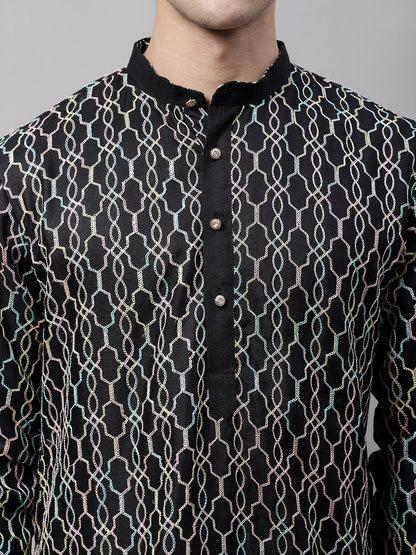 Jompers Men's Black and Multi Coloured Embroidered Straight Kurta Pyjama Set - Distacart