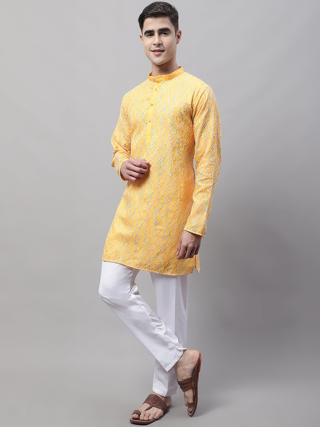 Jompers Men's Mustard and Multi Coloured Embroidered Straight Kurta Pyjama Set - Distacart