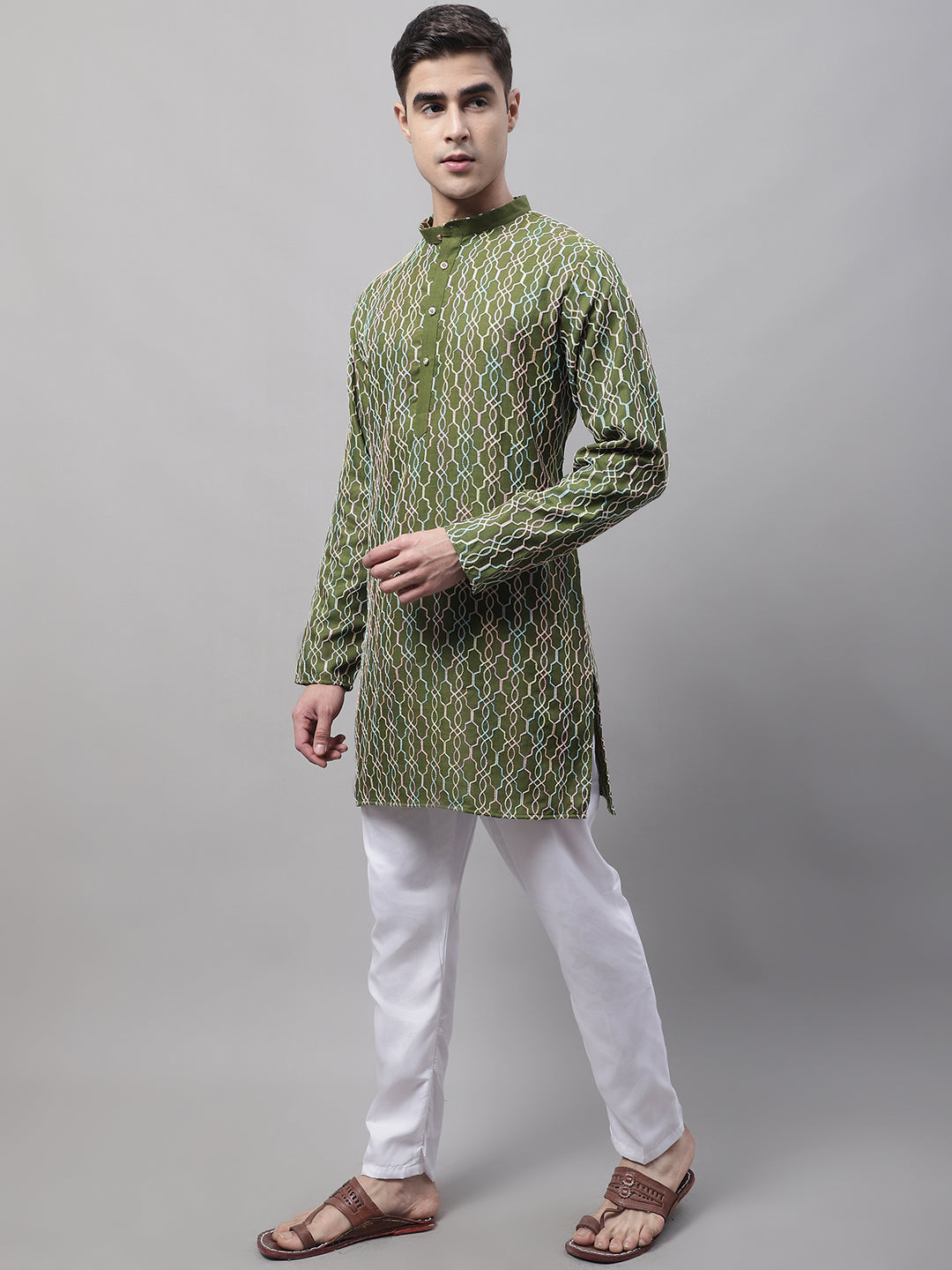 Jompers Men's Olive Green and Multi Coloured Embroidered Straight Kurta Pyjama Set - Distacart