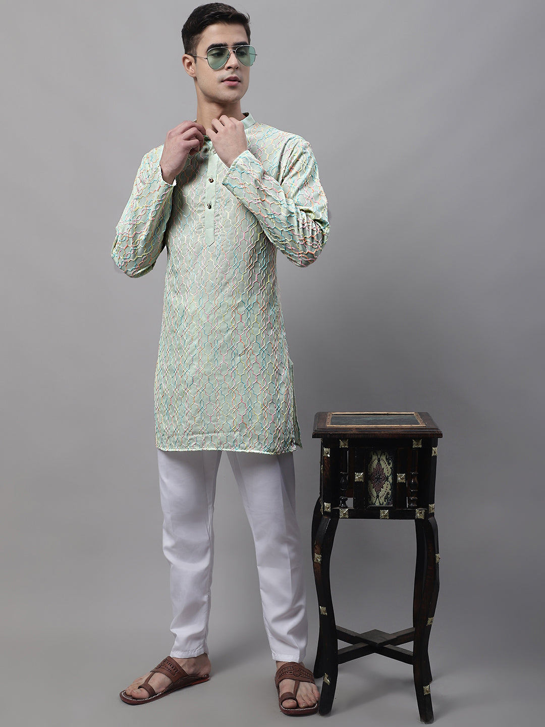 Jompers Men's Pista Green and Multi Coloured Embroidered Straight Kurta Pyjama Set - Distacart