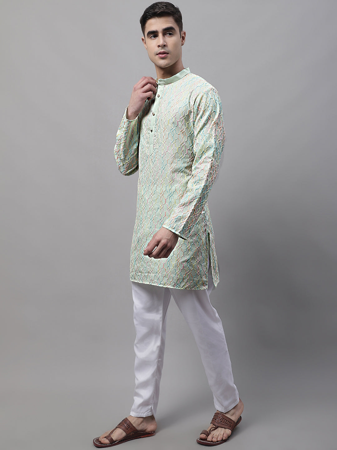 Jompers Men's Pista Green and Multi Coloured Embroidered Straight Kurta Pyjama Set - Distacart