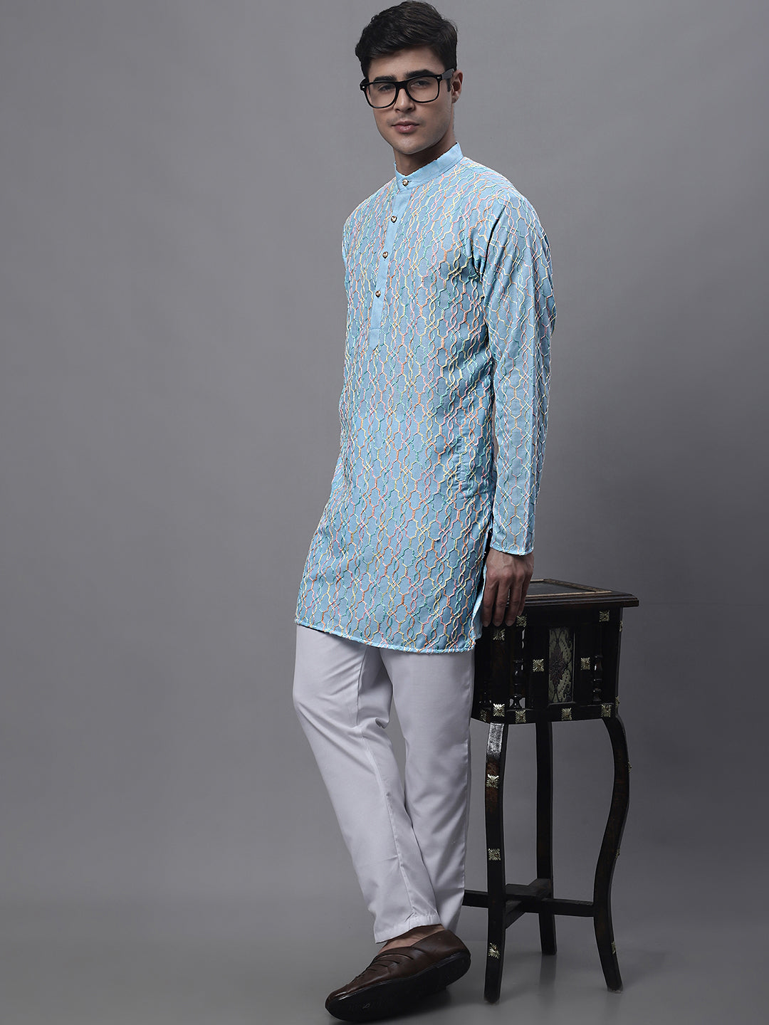 Jompers Men's Sky Blue and Multi Coloured Embroidered Straight Kurta Pyjama Set - Distacart