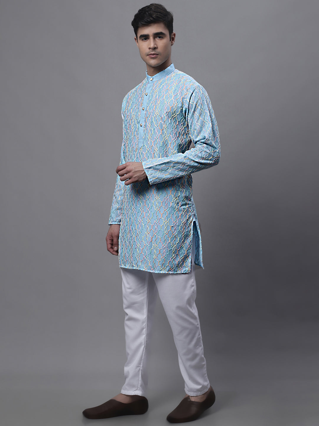 Jompers Men's Sky Blue and Multi Coloured Embroidered Straight Kurta Pyjama Set - Distacart