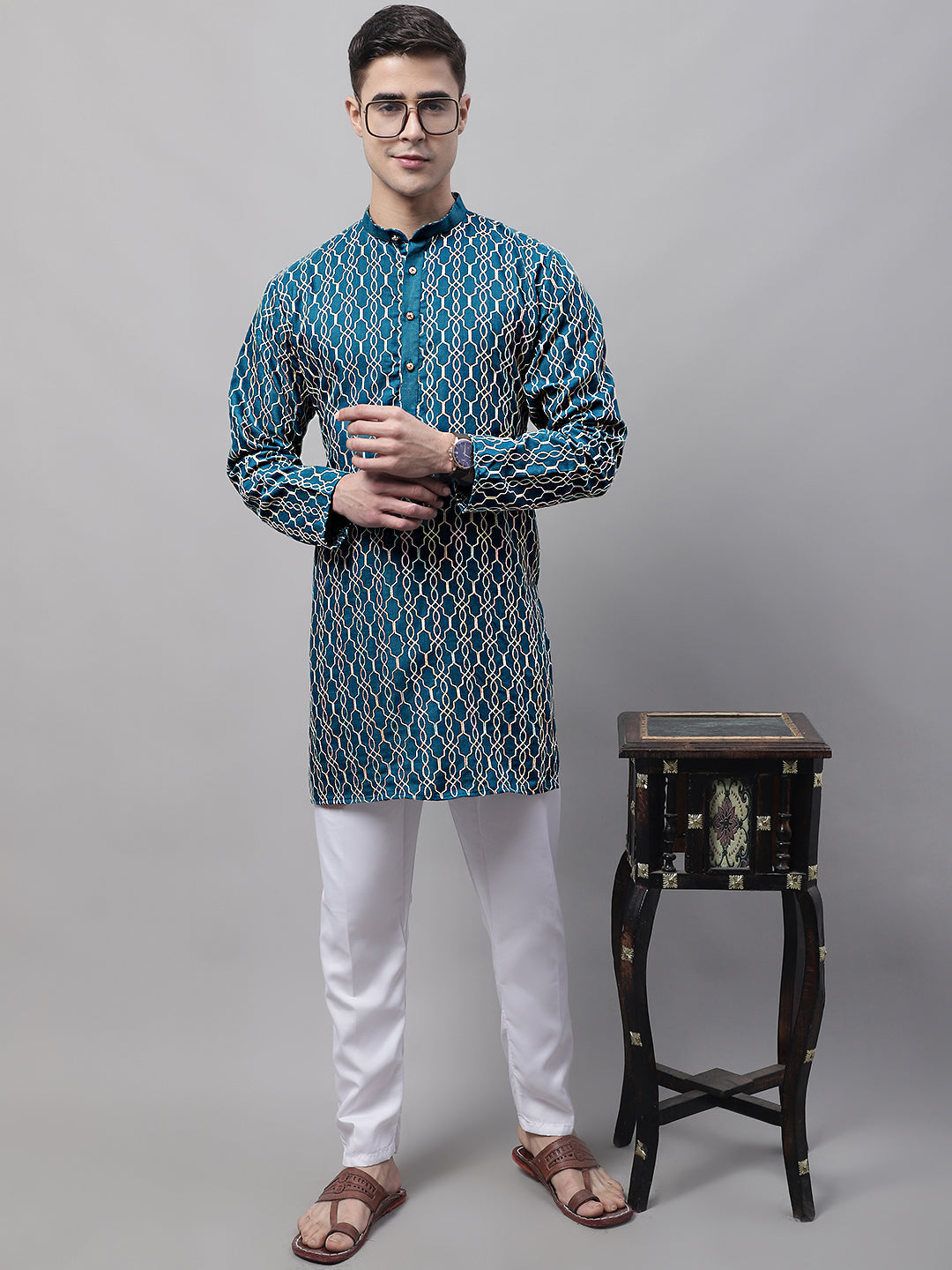 Jompers Men's Teal Blue and Multi Coloured Embroidered Straight Kurta Pyjama Set - Distacart