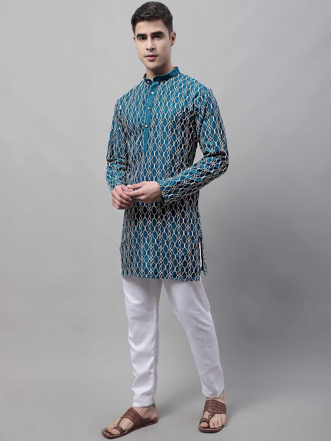 Jompers Men's Teal Blue and Multi Coloured Embroidered Straight Kurta Pyjama Set - Distacart