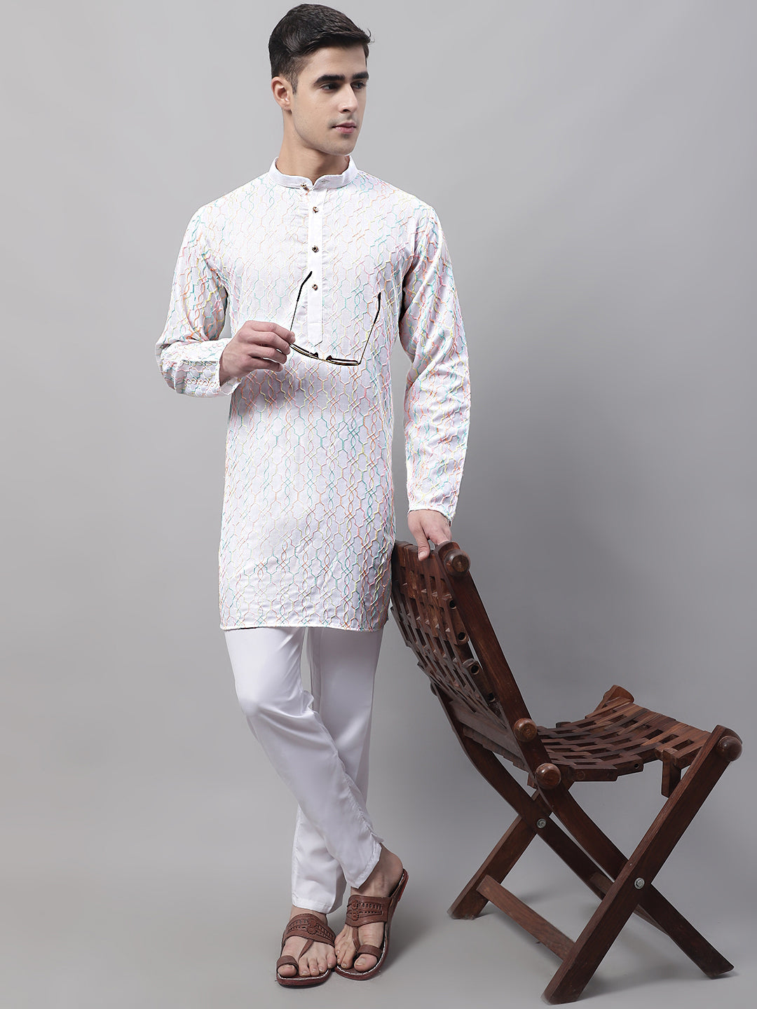 Jompers Men's White and Multi Coloured Embroidered Straight Kurta Pyjama Set - Distacart