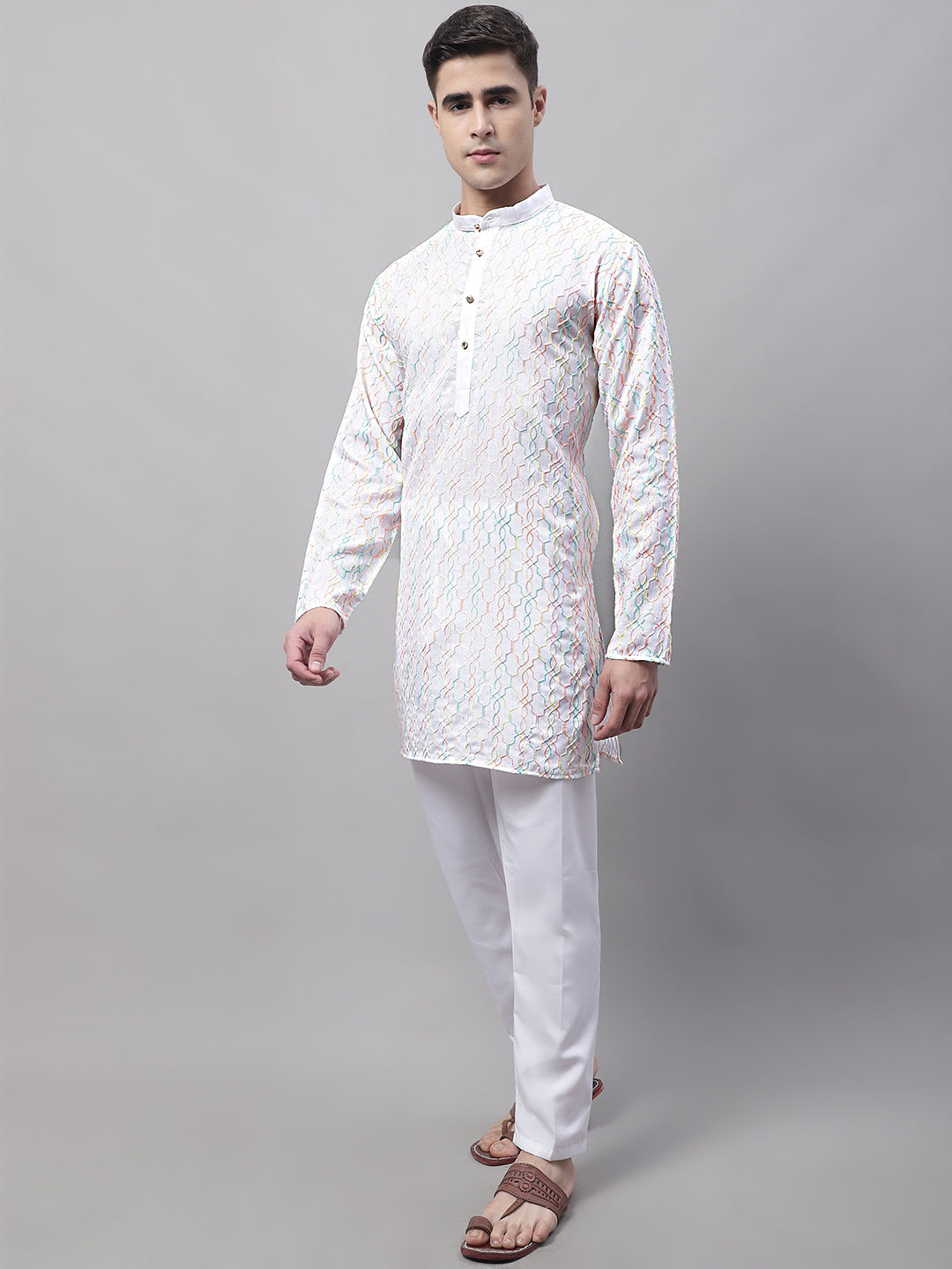 Jompers Men's White and Multi Coloured Embroidered Straight Kurta Pyjama Set - Distacart