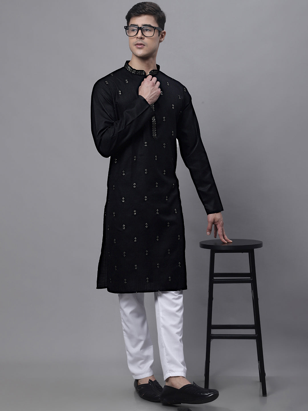 Jompers Men's Black Embroidered Straight Kurta Pyjama Set - Distacart