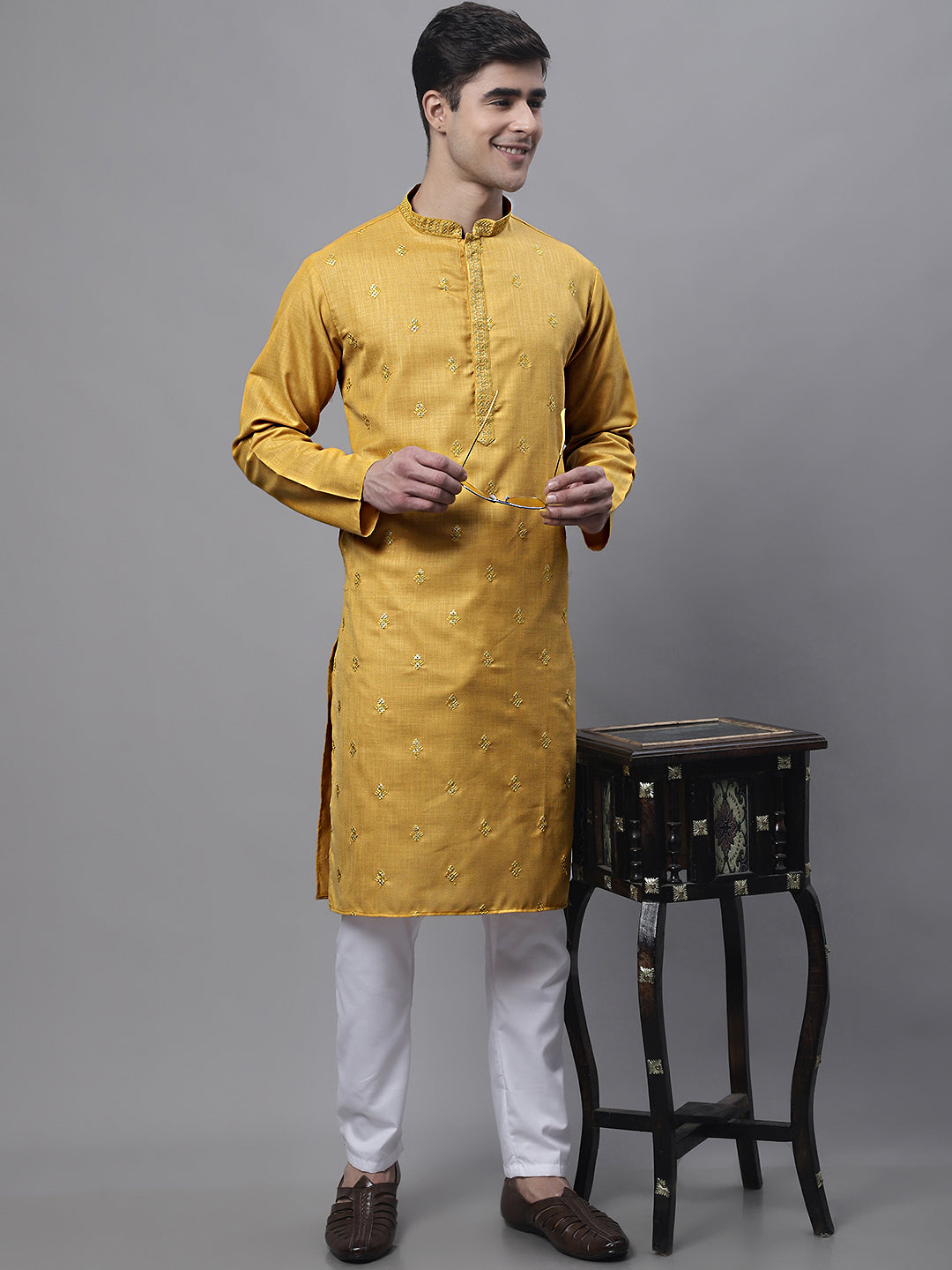 Jompers Men's Mustard Embroidered Straight Kurta Pyjama Set - Distacart