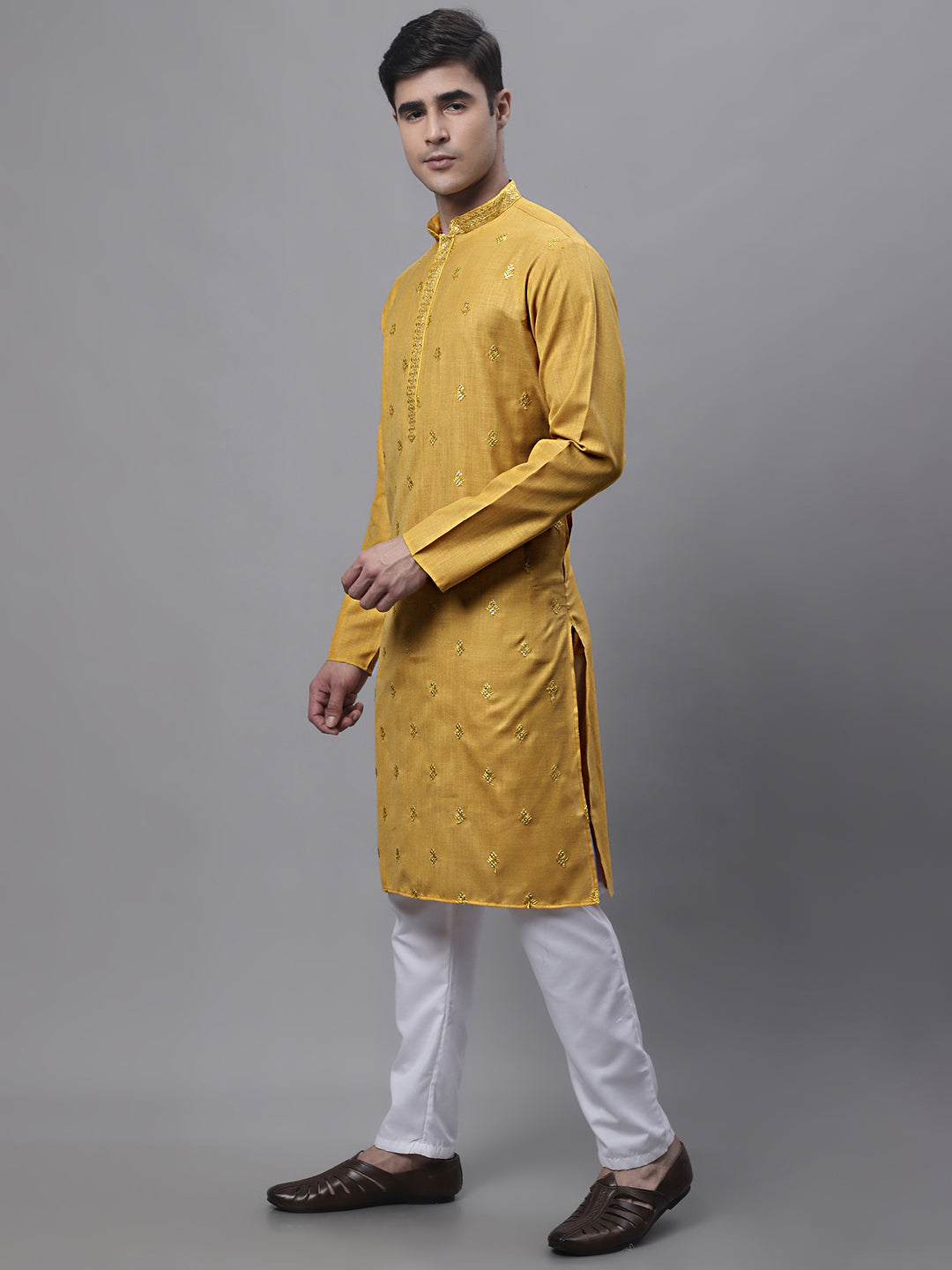Jompers Men's Mustard Embroidered Straight Kurta Pyjama Set - Distacart