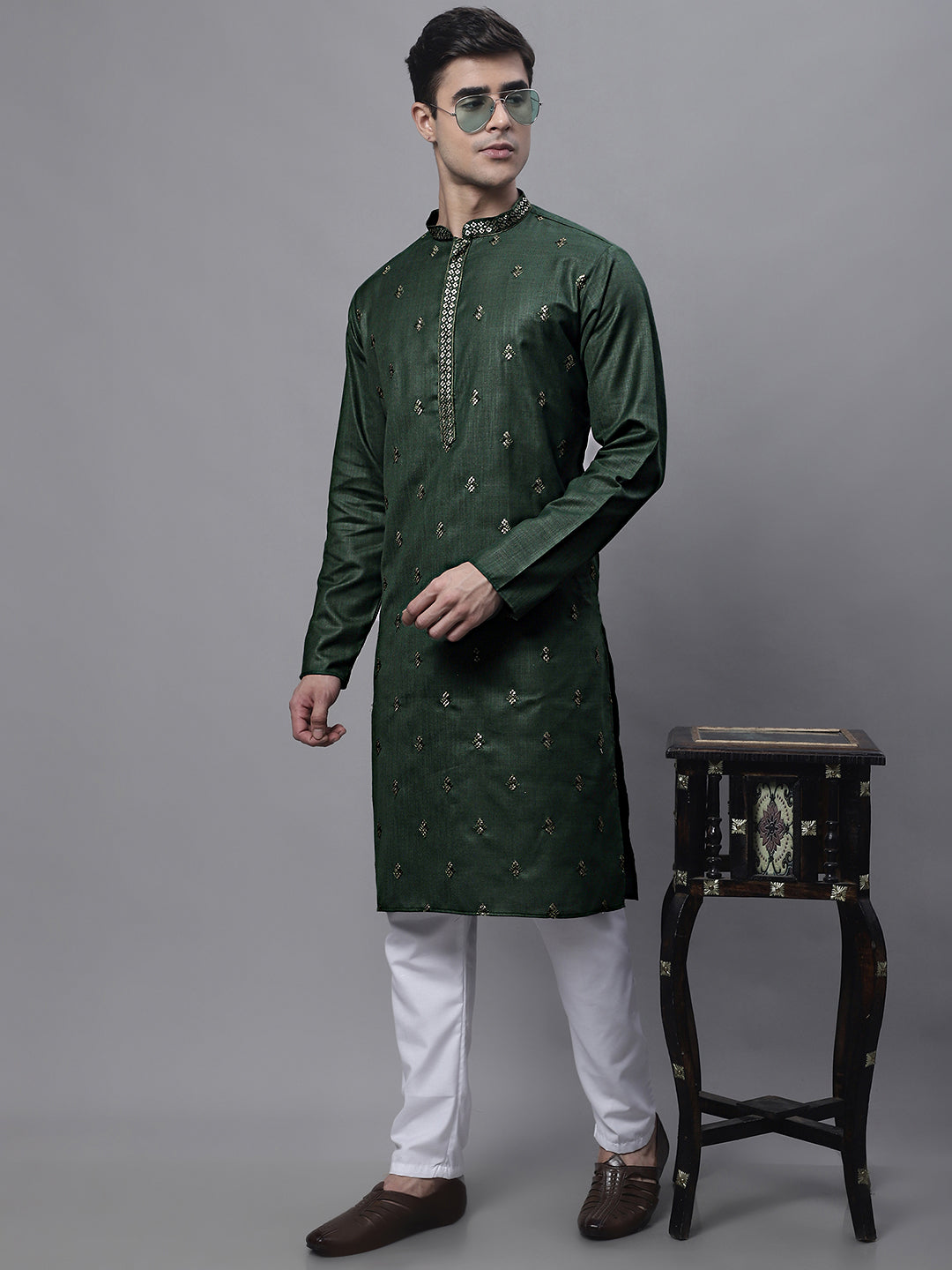 Jompers Men's Olive Green Embroidered Straight Kurta Pyjama Set - Distacart